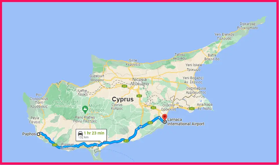 Distance between Paphos and Larnaca airport